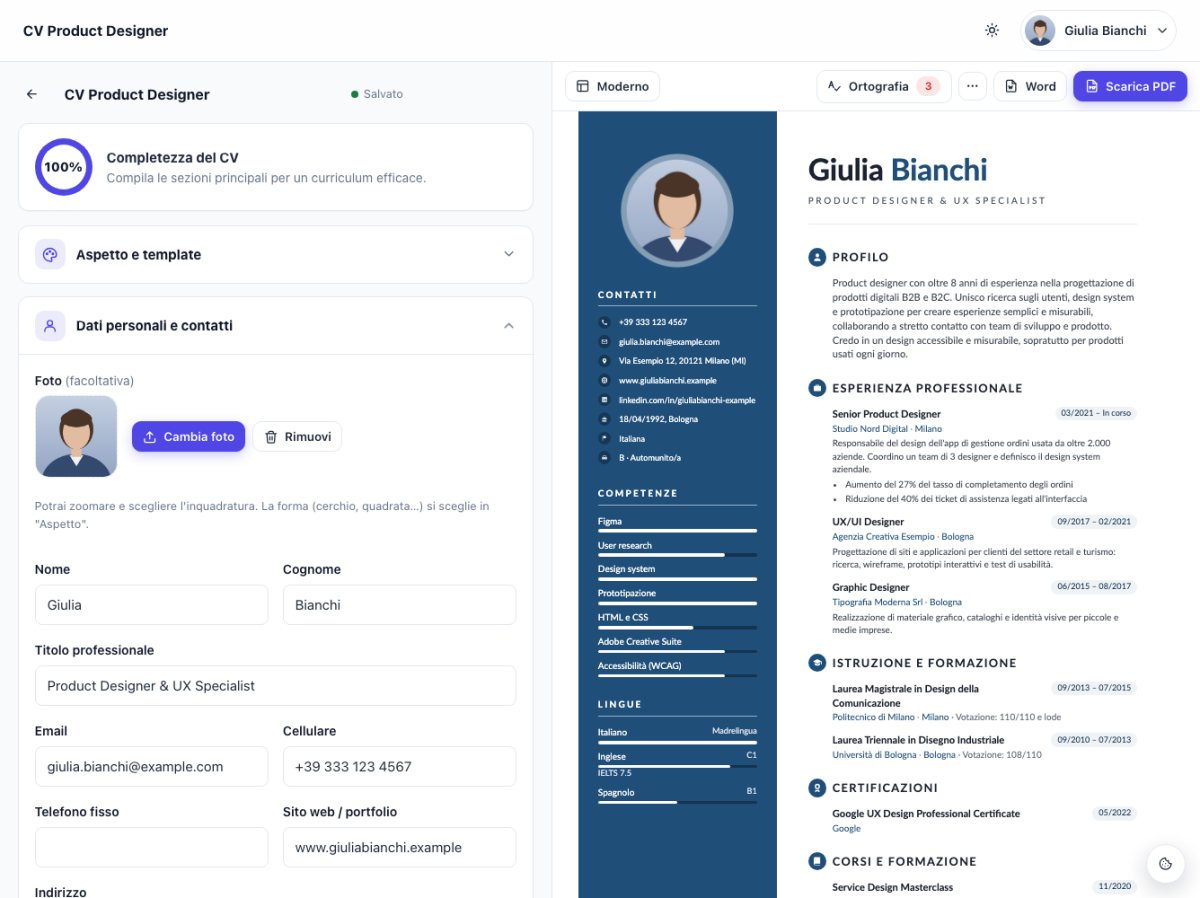 Anteprima dell'editor di curriculum con il CV aggiornato in tempo reale